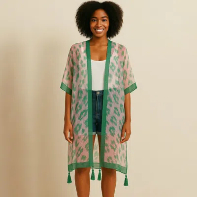 Truedames Sheer Leopard Print Tassel Detail Open Front Long Kimono Poncho In Green