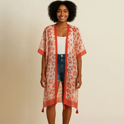 Truedames Sheer Leopard Print Tassel Detail Open Front Long Kimono Poncho In Red