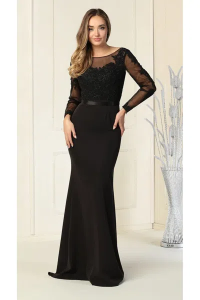 Truedames Sheer Long Sleeve Mermaid Evening Gown In Black