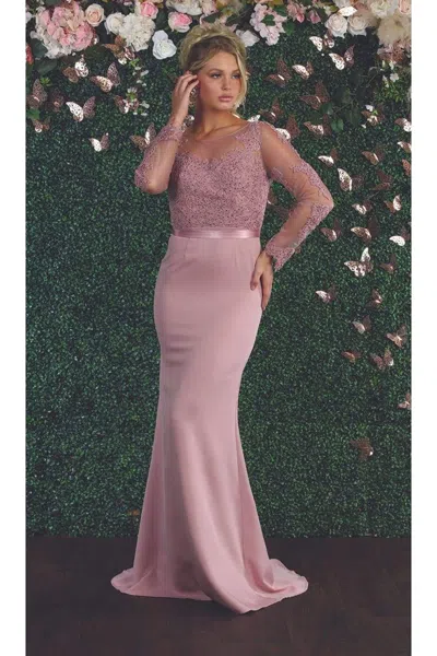 Truedames Sheer Long Sleeve Mermaid Evening Gown In Pink