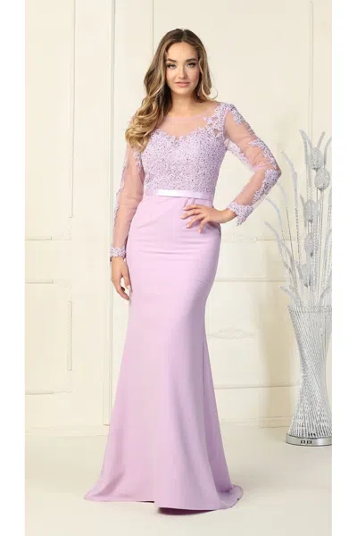 Truedames Sheer Long Sleeve Mermaid Evening Gown In Purple
