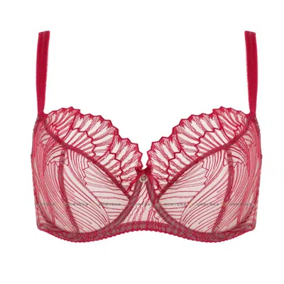 Truedames Sheer Mesh Embroidery Full Coverage Bra In Red