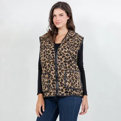Truedames Sherpa Leopard Print Zip Front Vest In Animal Print