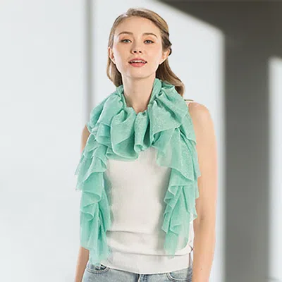 Truedames Shimmer Ruffled Oblong Scarf In Green