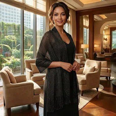 Truedames Shimmering Fringe Evening Shawl Scarf In Black