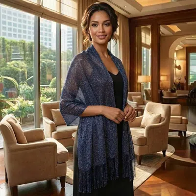 Truedames Shimmering Fringe Evening Shawl Scarf In Blue