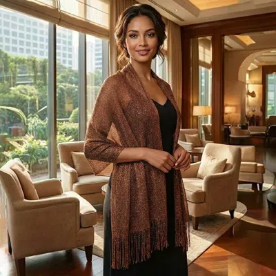 Truedames Shimmering Fringe Evening Shawl Scarf In Brown