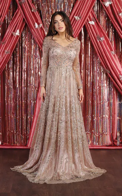 Truedames Shiny Long Sleeve Plus Size Mob Formal Gown In Neutral