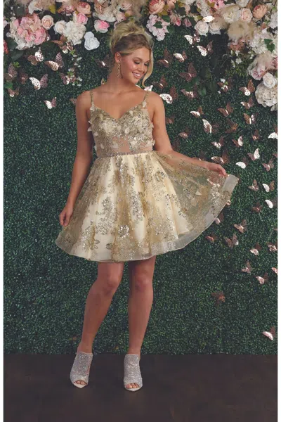 Truedames Short A-line Floral Glitter Cocktail Party Dress In Gold