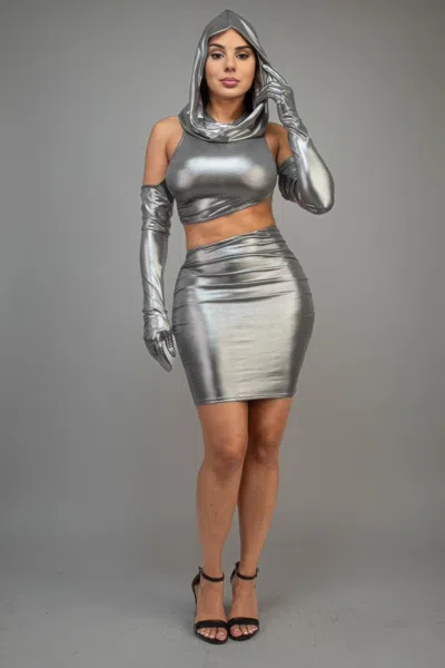 Truedames Short Dress With Gloves & Hoodie In Silver