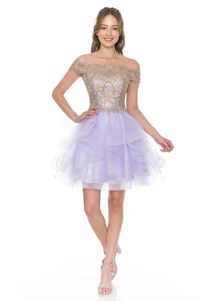 Truedames Short Off-shoulder Tulle Dress With Gold Embroidered Bodice In Blue