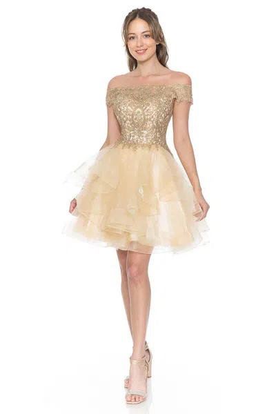 Truedames Short Off-shoulder Tulle Dress With Gold Embroidered Bodice In Nude