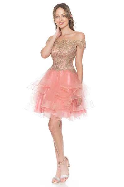 Truedames Short Off-shoulder Tulle Dress With Gold Embroidered Bodice In Orange