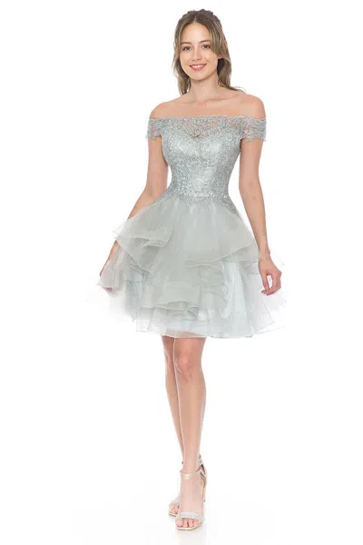 Truedames Short Off-shoulder Tulle Dress With Gold Embroidered Bodice In Silver