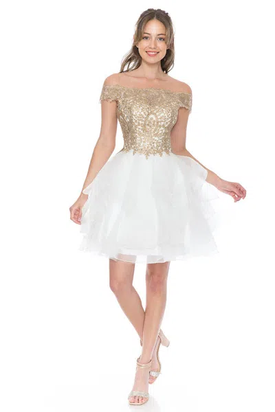 Truedames Short Off-shoulder Tulle Dress With Gold Embroidered Bodice In White