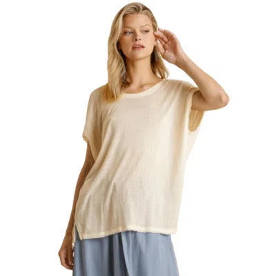 Truedames Short Sheer Dolman Sleeve Scoop Neck Top With Side Slit In Beige