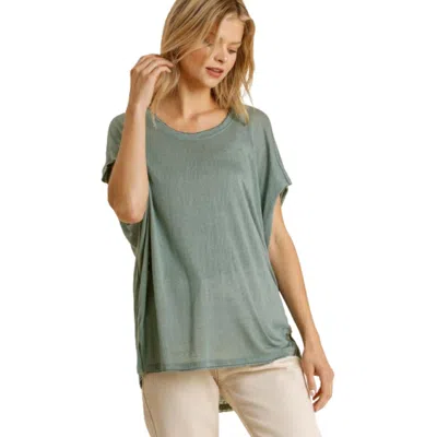 Truedames Short Sheer Dolman Sleeve Scoop Neck Top With Side Slit In Green