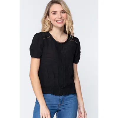 Truedames Short Shirring Slv Pleated Woven Top In Black