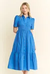 Truedames Short Sleeve Button Down Midi Dress In Blue