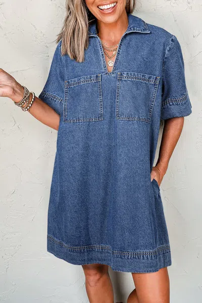 Truedames Short Sleeve Colla Patched Pocket Denim Mini Dress In Blue
