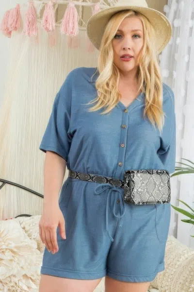 Truedames Short Sleeve Collar V Neck Waist Elastic Side Pocket Button Down Knit Romper In Blue