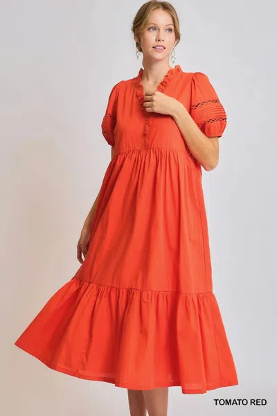Truedames Short Sleeve Lace-trim Ruffled Midi Dress In Orange