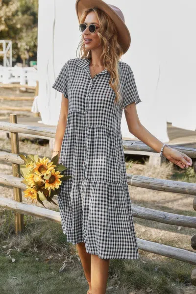 Truedames Short Sleeve Plaid Button Midi Dress In Multi