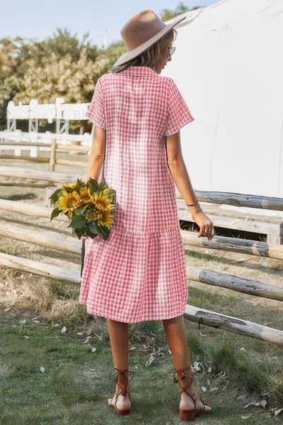 Truedames Short Sleeve Plaid Button Midi Dress In Pink