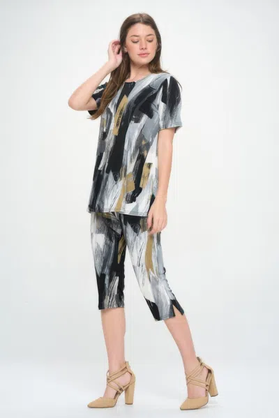 Truedames Short Sleeve Top Capri Pants Set In Gray