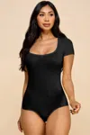 Truedames Short Sleeve V-neck Basic Bodysuit In Black