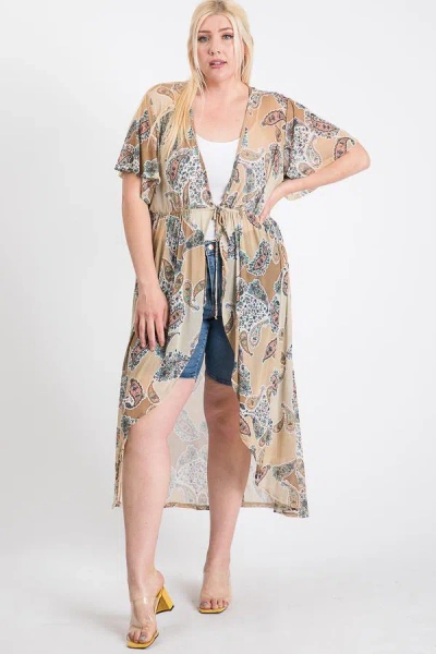Truedames Short Sleeves Long-line Printed Mesh Open Cardigan In Beige