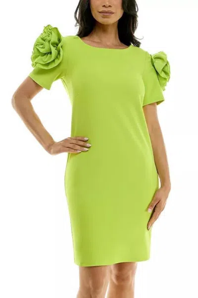 Truedames Shoulder Flower Ruffle Short Sheath Dress In Green