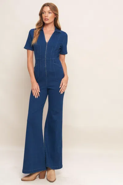 Truedames Shy Girl Medium Indigo Denim Jumpsuit In Blue
