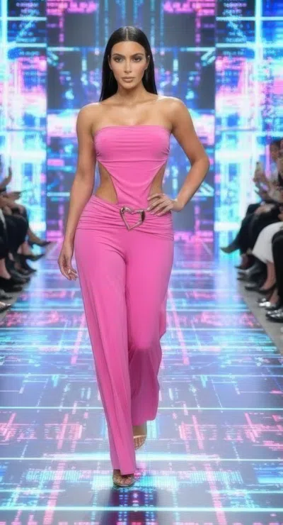 Truedames Side Cutouts Gold Heart-shaped Wide-leg Jumpsuit In Pink