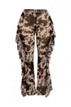 Truedames Side Ruffle Detailed Printed Mesh Pants In Brown