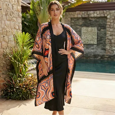 Truedames Silk Feel Boho Open Front Long Kimono Cover Up Poncho In Multi