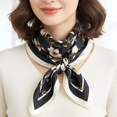 Truedames Silk Feel Magnolia Floral Print Square Scarf In Black