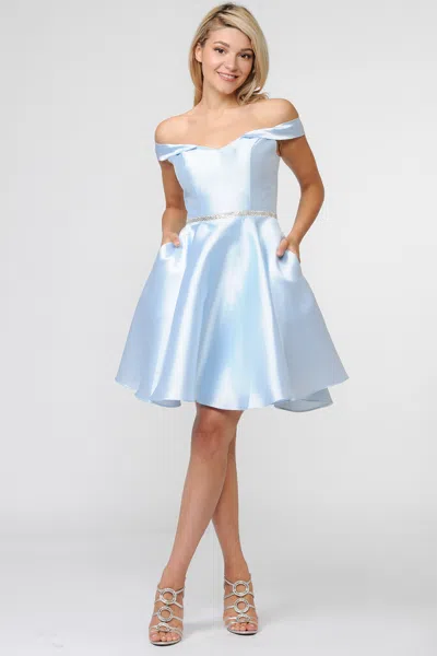 Truedames Simple Off Shoulders Mikado Short Prom Dress In Blue
