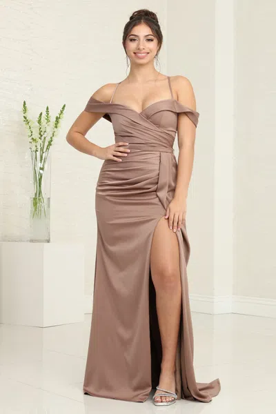Truedames Simple Off-shoulder Satin Bridesmaids Dress In Brown