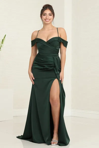 Truedames Simple Off-shoulder Satin Bridesmaids Dress In Green