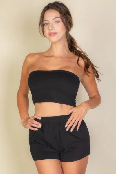Truedames Simple Solid Color Tube Top And Shorts Two Piece Set In Black