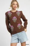 Truedames Single Flower Stem Jacquard Sweater In Brown