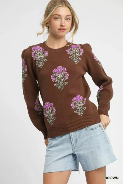 Truedames Single Flower Stem Jacquard Sweater In Brown