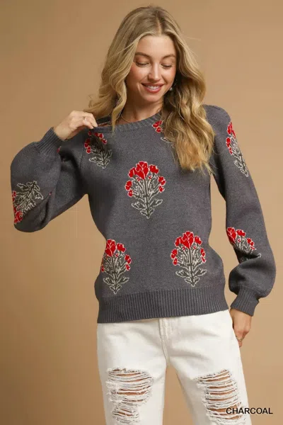 Truedames Single Flower Stem Jacquard Sweater In Gray