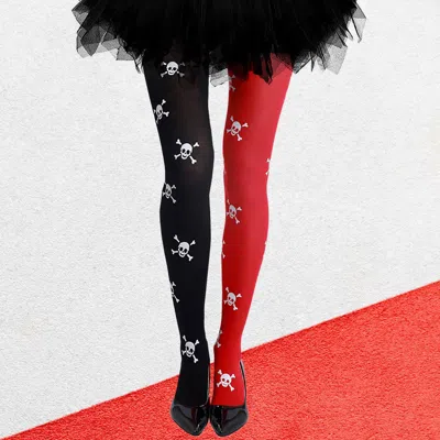 Truedames Skull Patterned Two Tone Halloween Costume Tights In Black