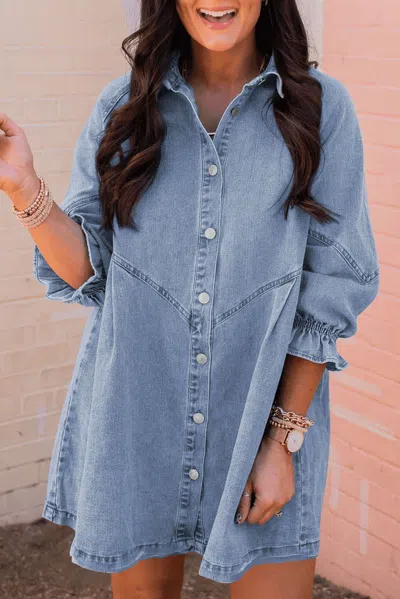 Truedames Sky Blue Buttoned Long Sleeve Denim Mini Dress
