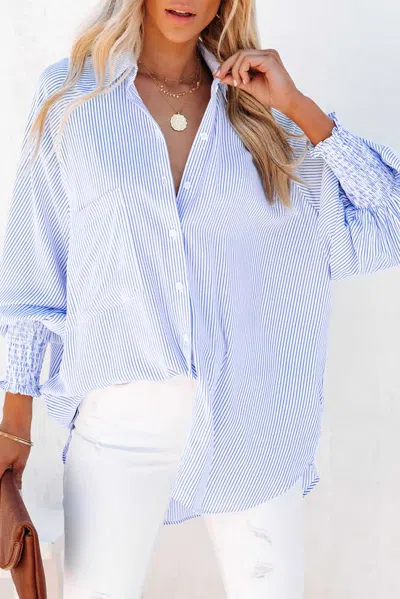 Truedames Sky Blue Smocked Cuffed Striped Boyfriend Shirt With Pocket