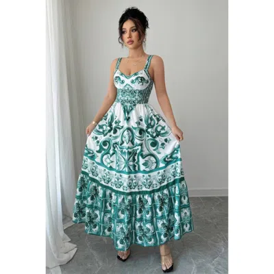 Truedames Sleeveless A Line Suspender Printed Long Dress In Green