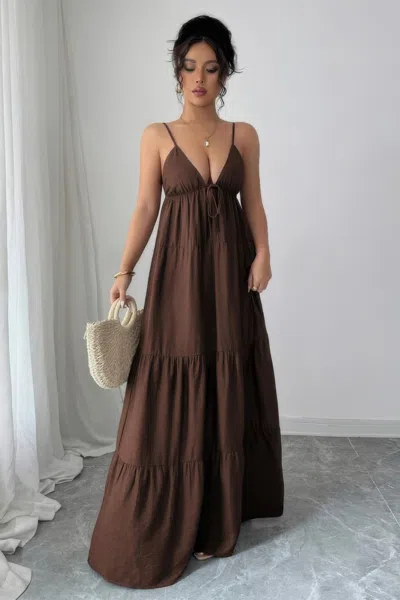Truedames Sleeveless Elegant Suspender Aline Maxi Dress In Brown