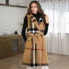 Truedames Sleeveless Faux Fur Plaid Pattern Belted Waist Long Vest In Neutral